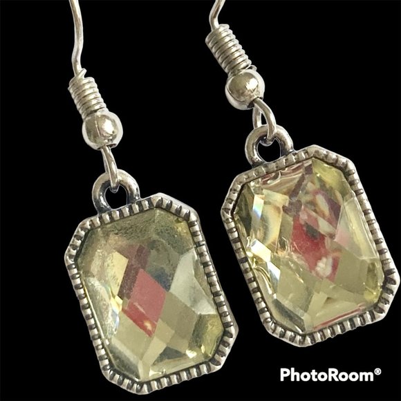 Emerald Radiant Cut Yellow Topaz Crystal Earrings Silver Tone Plated Dangle - Picture 4 of 12
